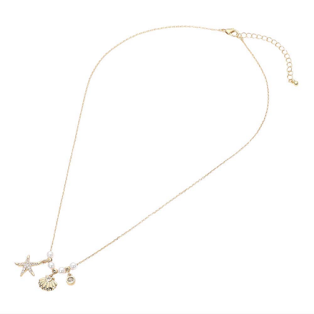 SECRET BOX_14K Gold Dipped CZ Pave Starfish Shell Bezel Charm Pearl Beaded Accent Necklace