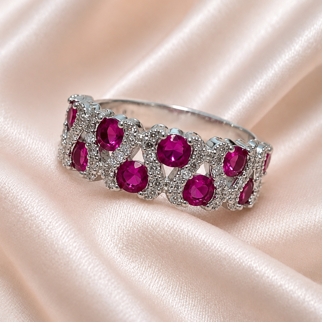 Silver Tone Pink Crystal Statement Ring