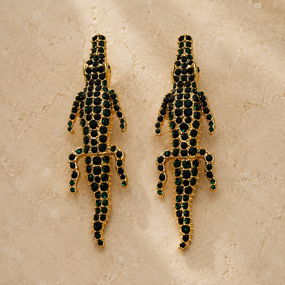 Green Rhinestone Alligator Statement Earrings | Louisiana Cajun Jewelry