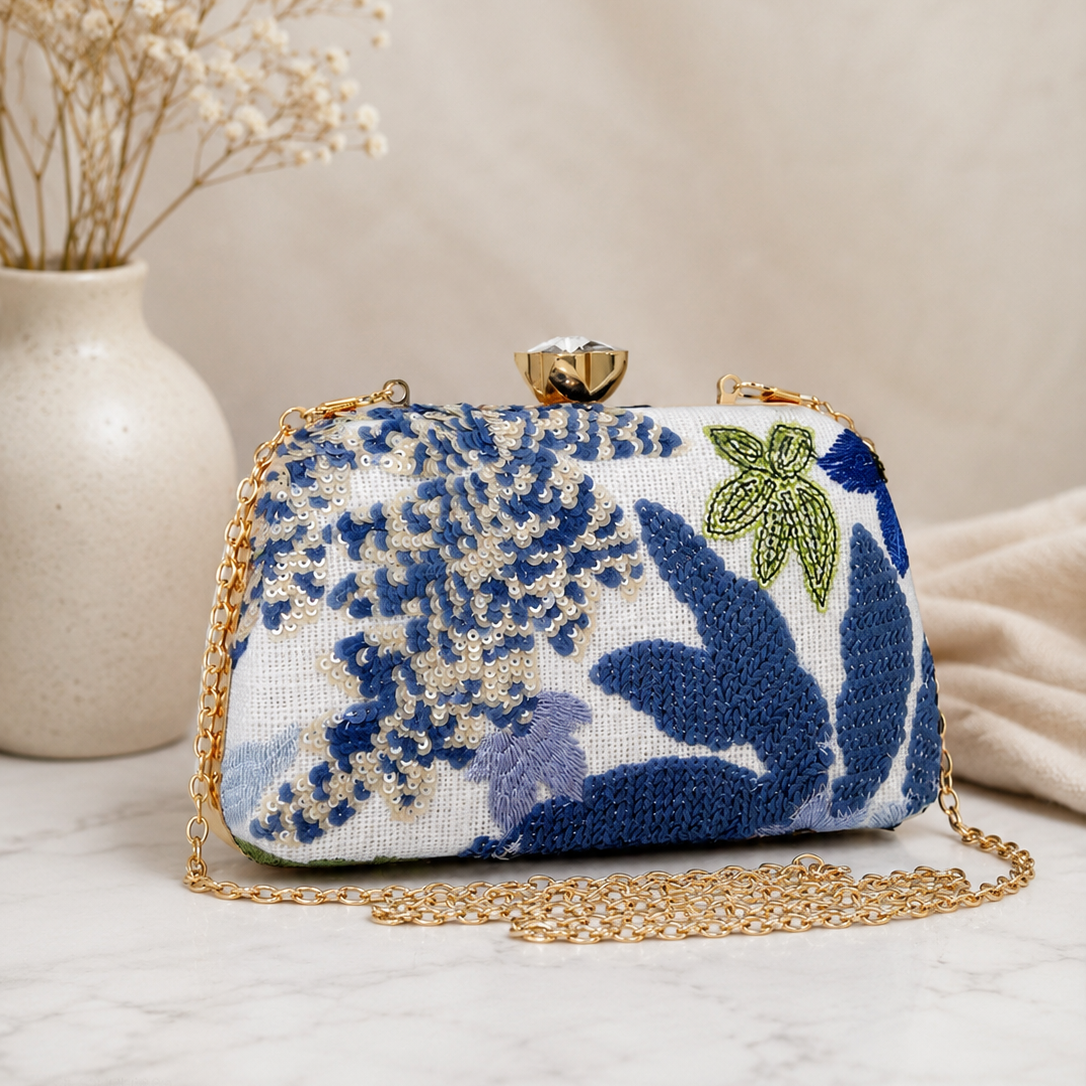 Blue Floral Sequin Clutch
