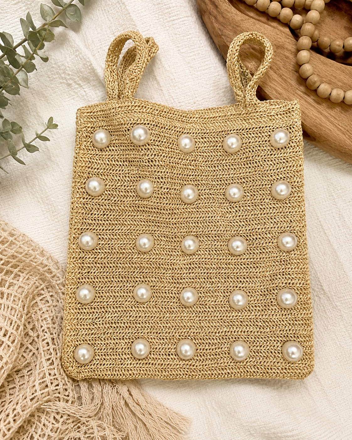 Pearl Embellished Woven Tote Bag – Natural Straw Style Summer Handbag