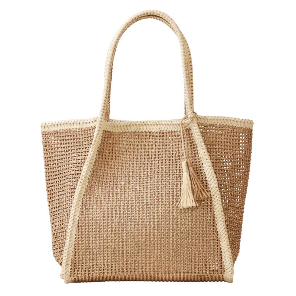 Tassel Accent Two Tone Woven Straw Tote Bag