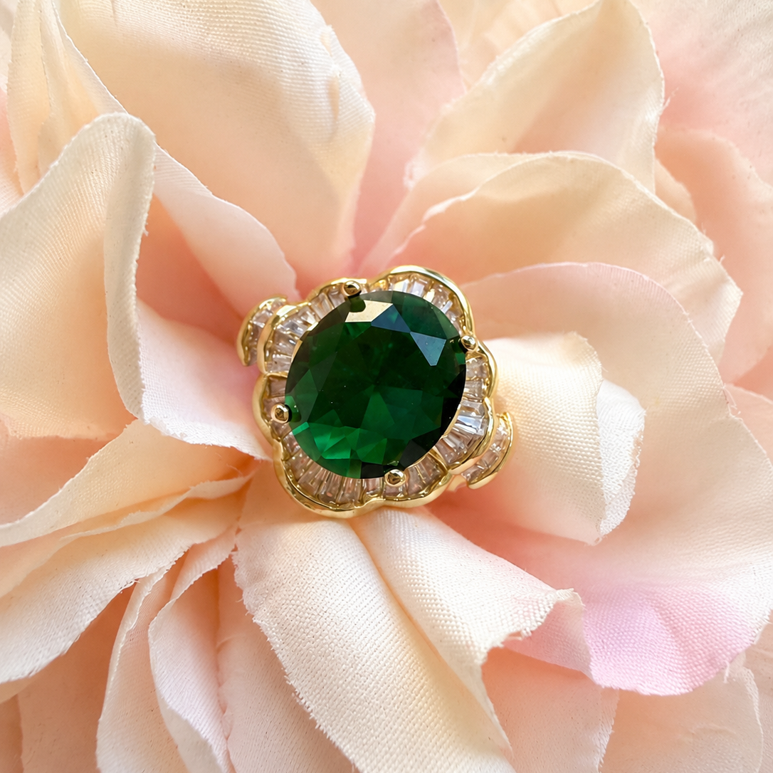 Emerald Green & Gold Crystal Statement Ring