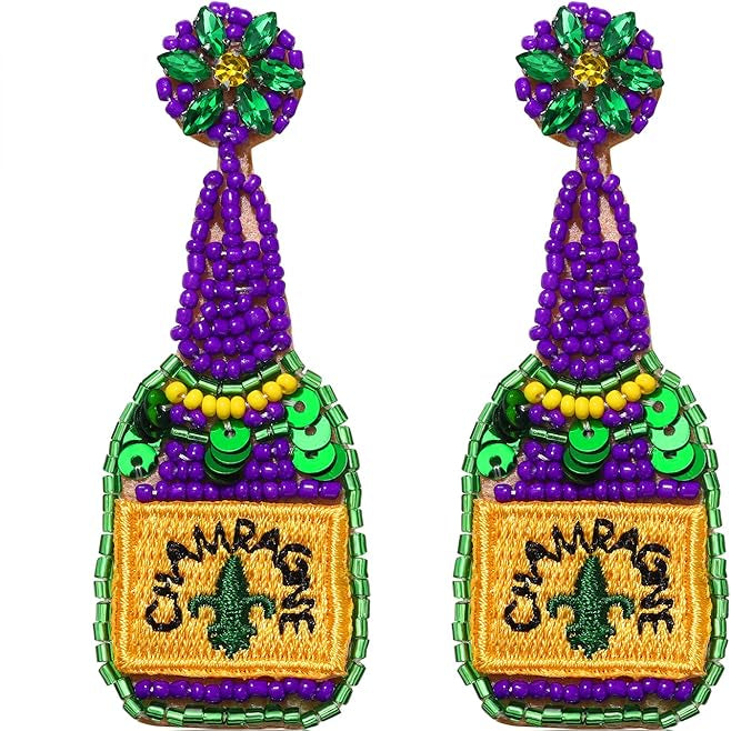 Mardi Gras Beaded Champagne Bottle Earrings w/ pearl accents