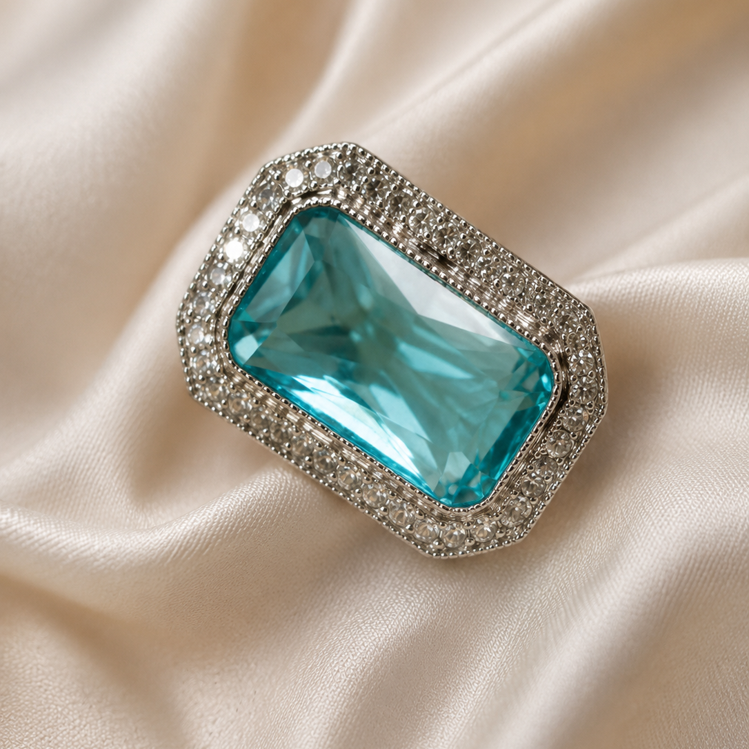 Aquamarine Emerald Cut Statement Ring with Crystal Halo