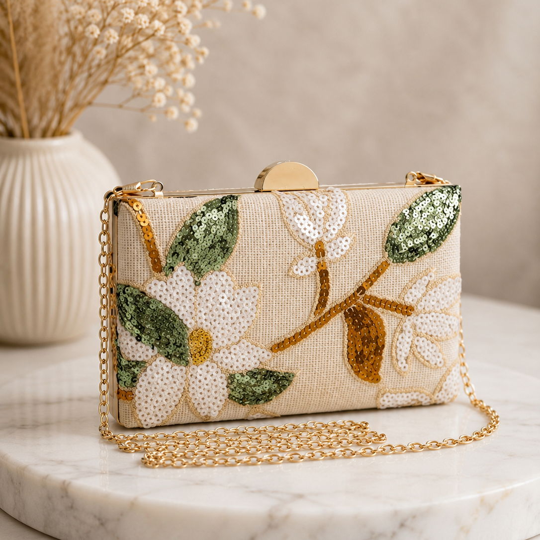 Magnolia Floral Sequin Clutch