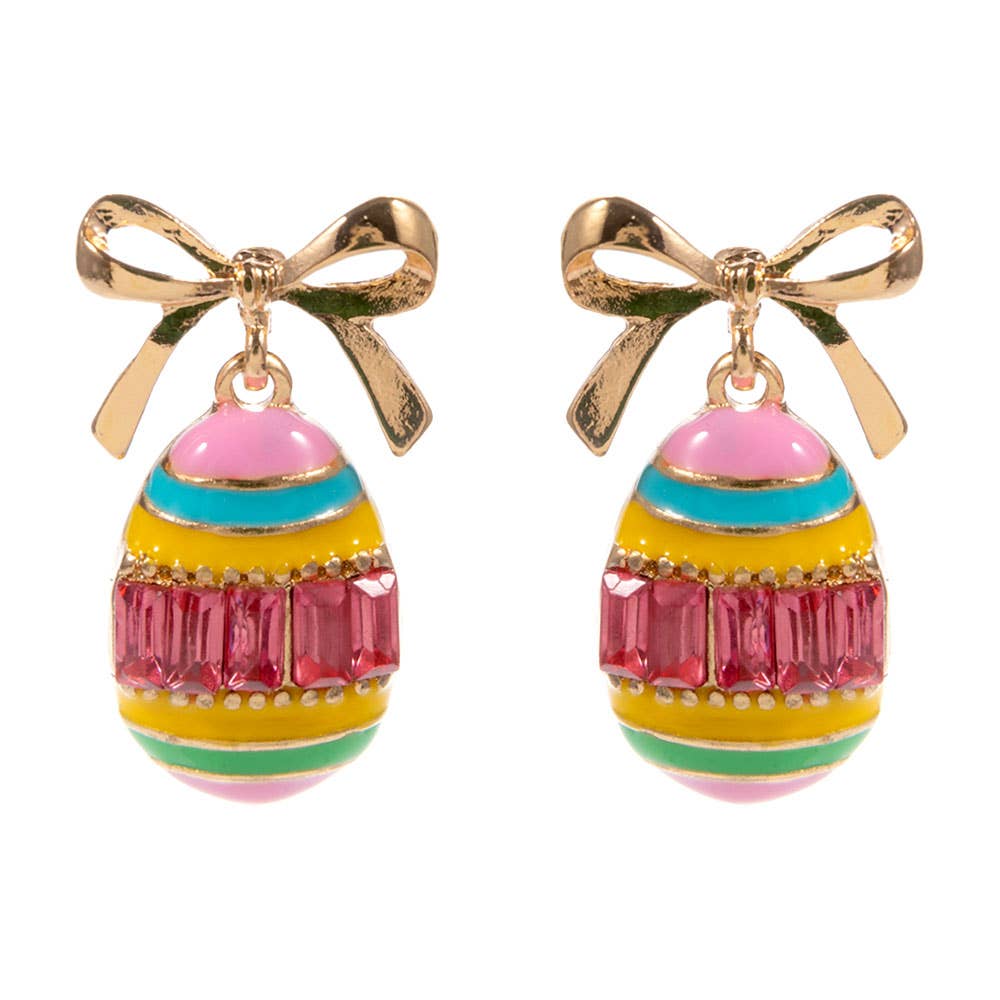 Bow Emerald Cut Stone Accent Easter Egg Dangle Earrings