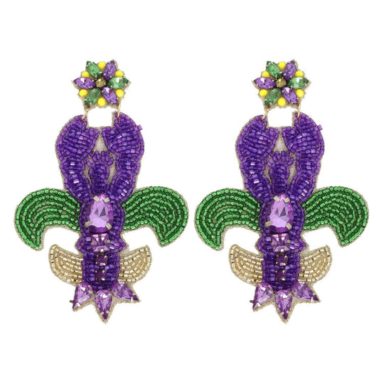 Mardi Gras Crawfish Gemstone Beaded Earrings