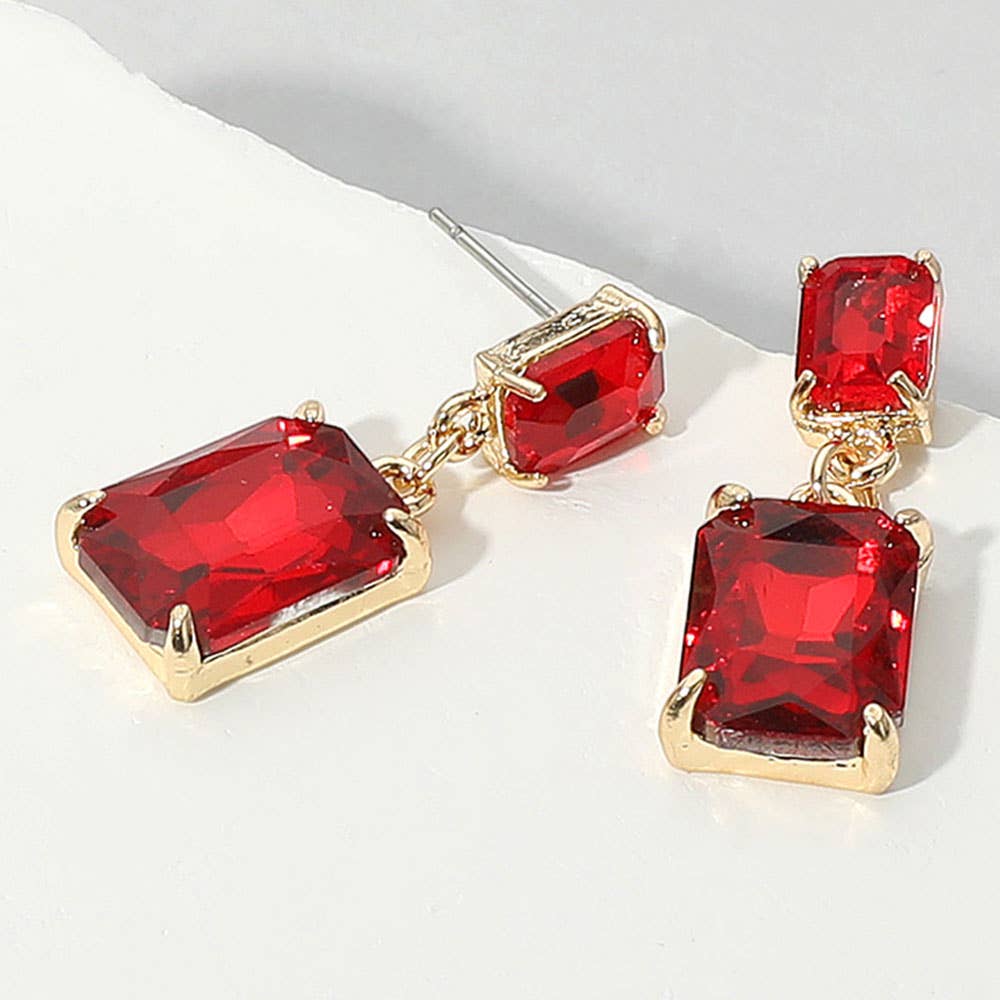 Rectangular Glass Stone Cluster Dangle Evening Earrings