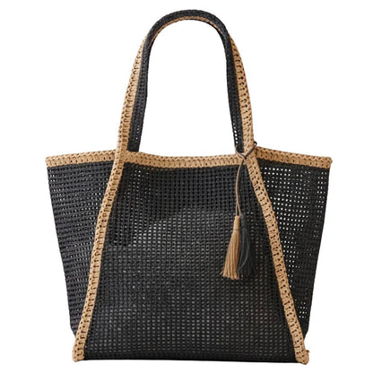 Tassel Accent Two Tone Woven Straw Tote Bag