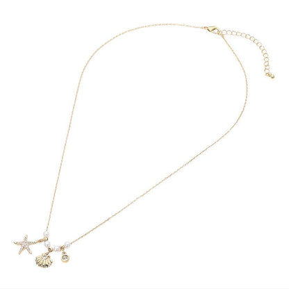 SECRET BOX_14K Gold Dipped CZ Pave Starfish Shell Bezel Charm Pearl Beaded Accent Necklace