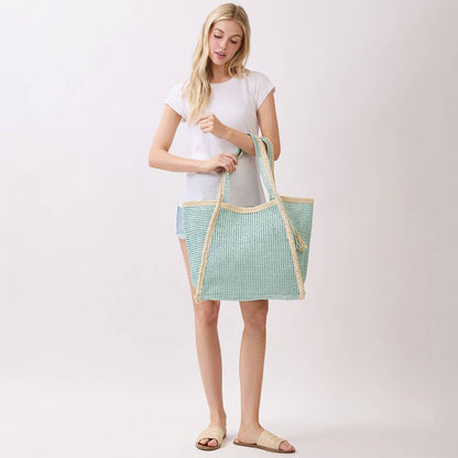 Tassel Accent Two Tone Woven Straw Tote Bag