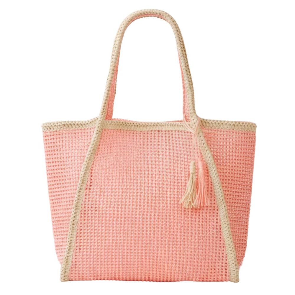 Tassel Accent Two Tone Woven Straw Tote Bag