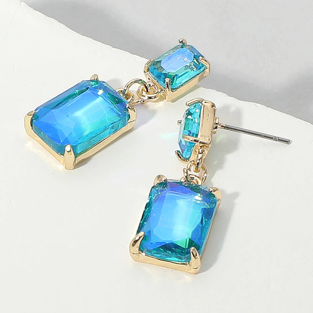 Rectangular Glass Stone Cluster Dangle Evening Earrings
