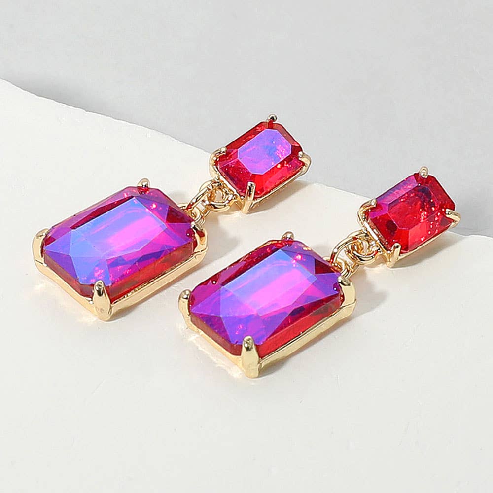 Rectangular Glass Stone Cluster Dangle Evening Earrings