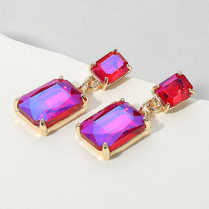 Rectangular Glass Stone Cluster Dangle Evening Earrings