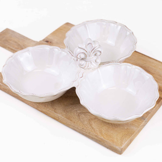 Fleur de Lis Tri Server   Antique White   9.5x3.75x9