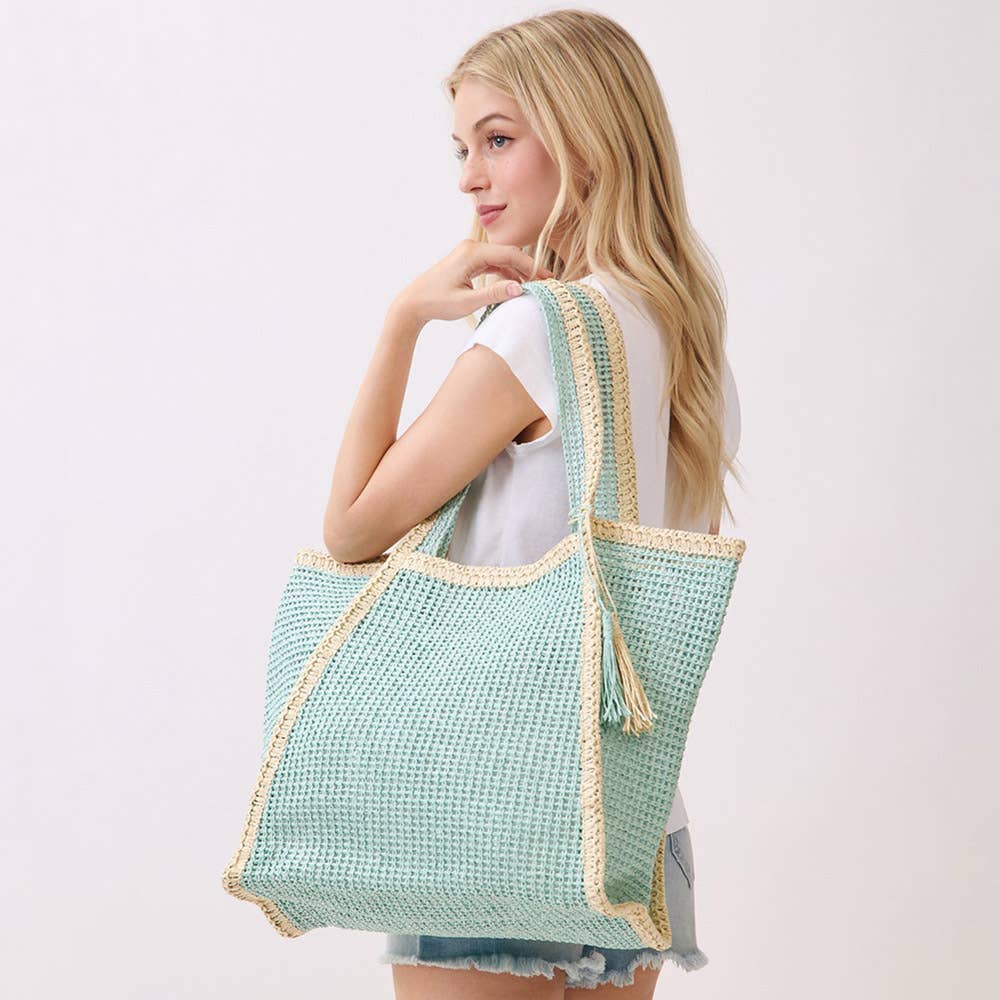 Tassel Accent Two Tone Woven Straw Tote Bag