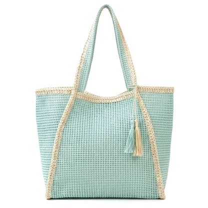 Tassel Accent Two Tone Woven Straw Tote Bag