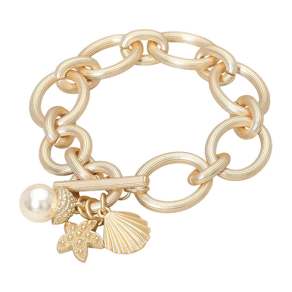 14K Gold Plated Pearl Starfish Shell Charm Chunky Chain Toggle Bracelet