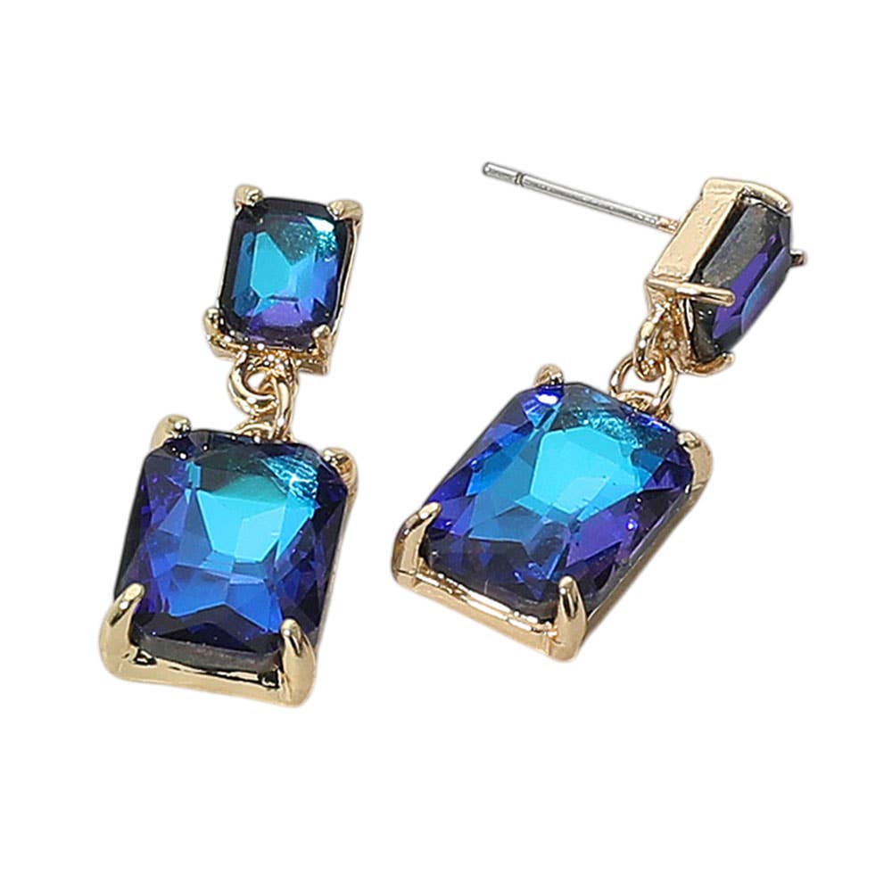 Rectangular Glass Stone Cluster Dangle Evening Earrings