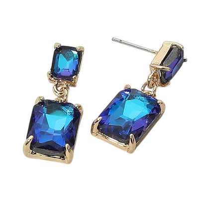 Rectangular Glass Stone Cluster Dangle Evening Earrings