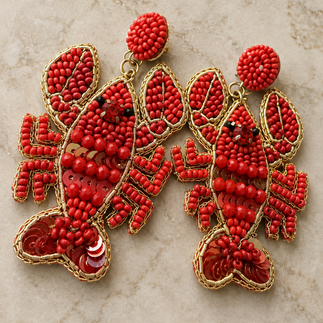 Louisiana Beaded Crawfish Statement Earrings