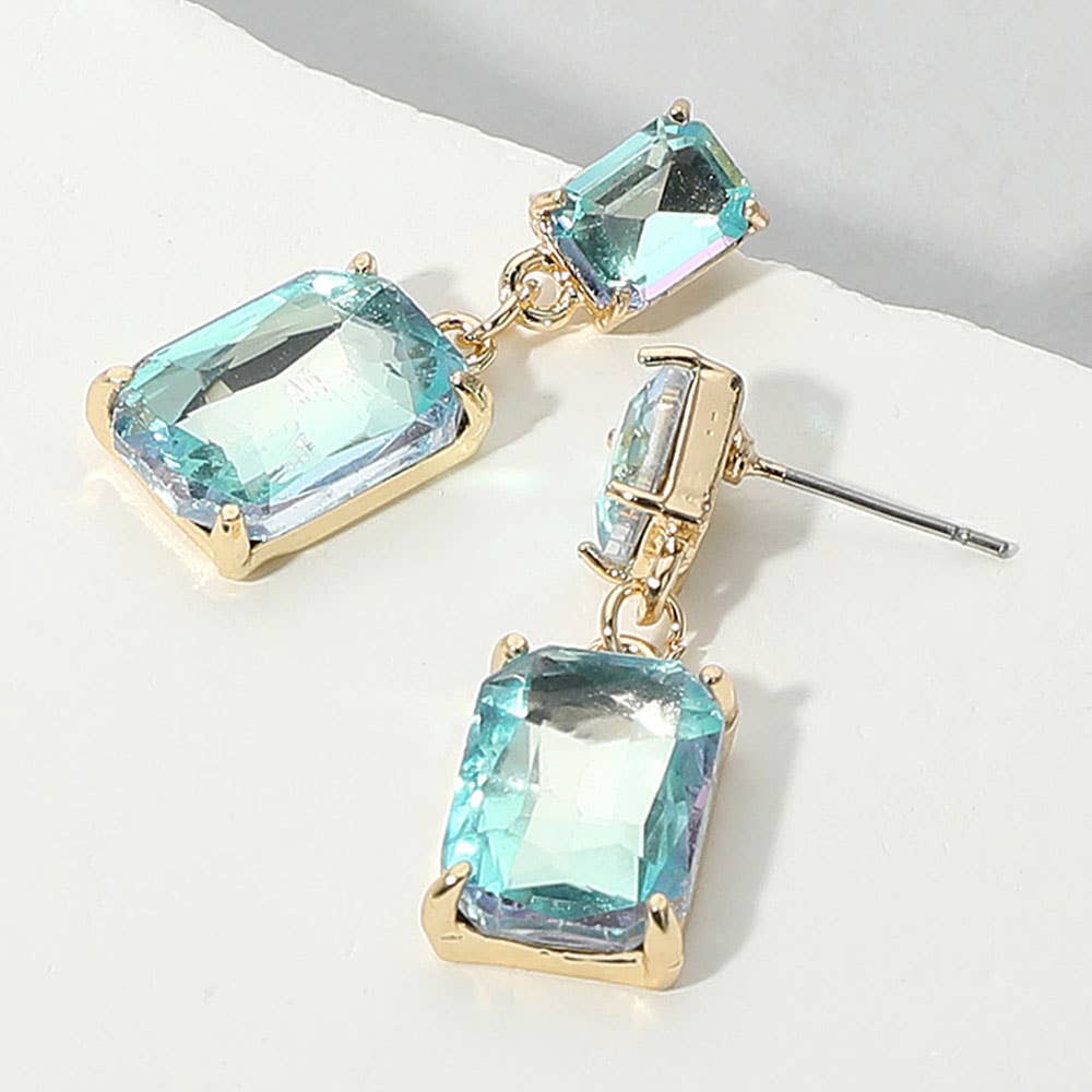 Rectangular Glass Stone Cluster Dangle Evening Earrings