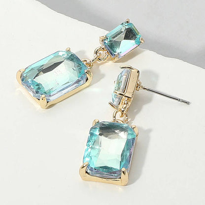 Rectangular Glass Stone Cluster Dangle Evening Earrings