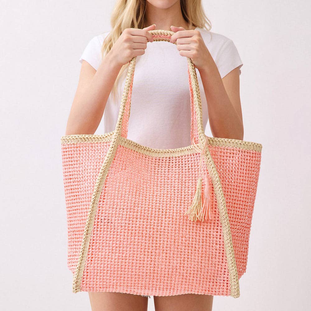 Tassel Accent Two Tone Woven Straw Tote Bag