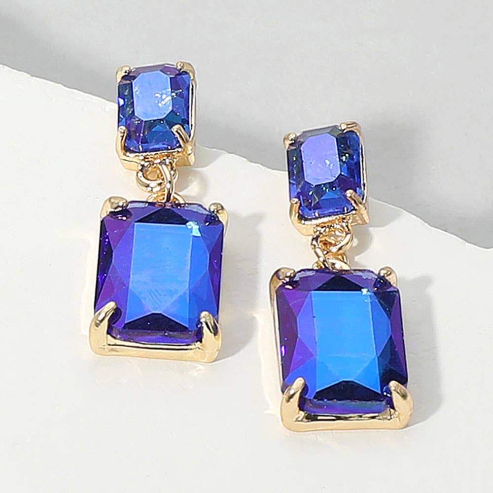 Rectangular Glass Stone Cluster Dangle Evening Earrings