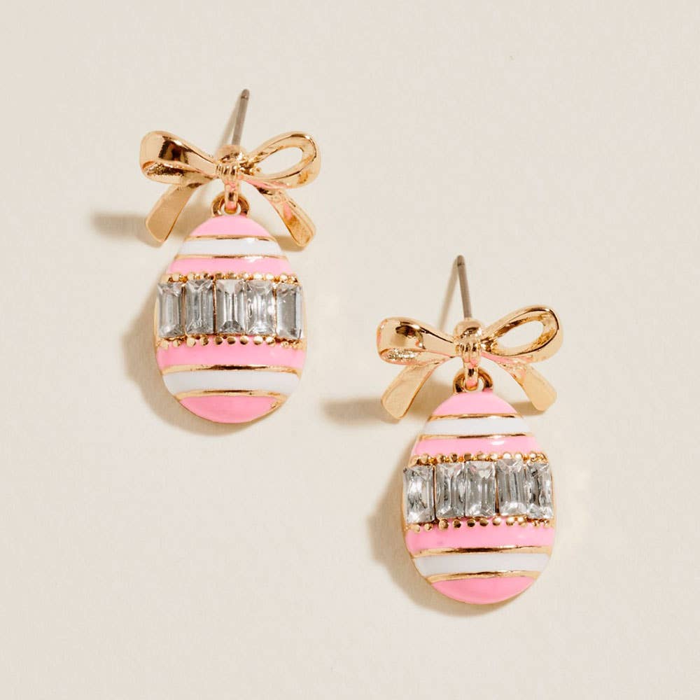 Bow Emerald Cut Stone Accent Easter Egg Dangle Earrings