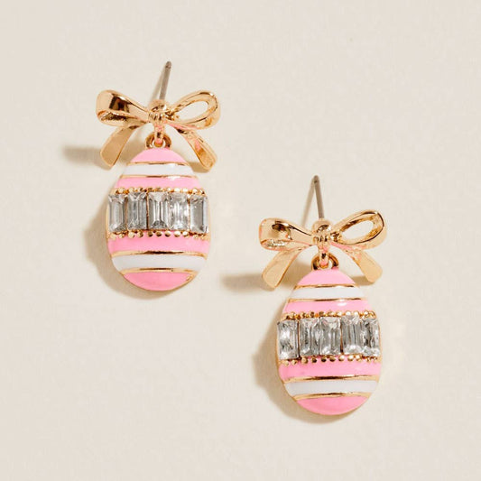 Bow Emerald Cut Stone Accent Easter Egg Dangle Earrings