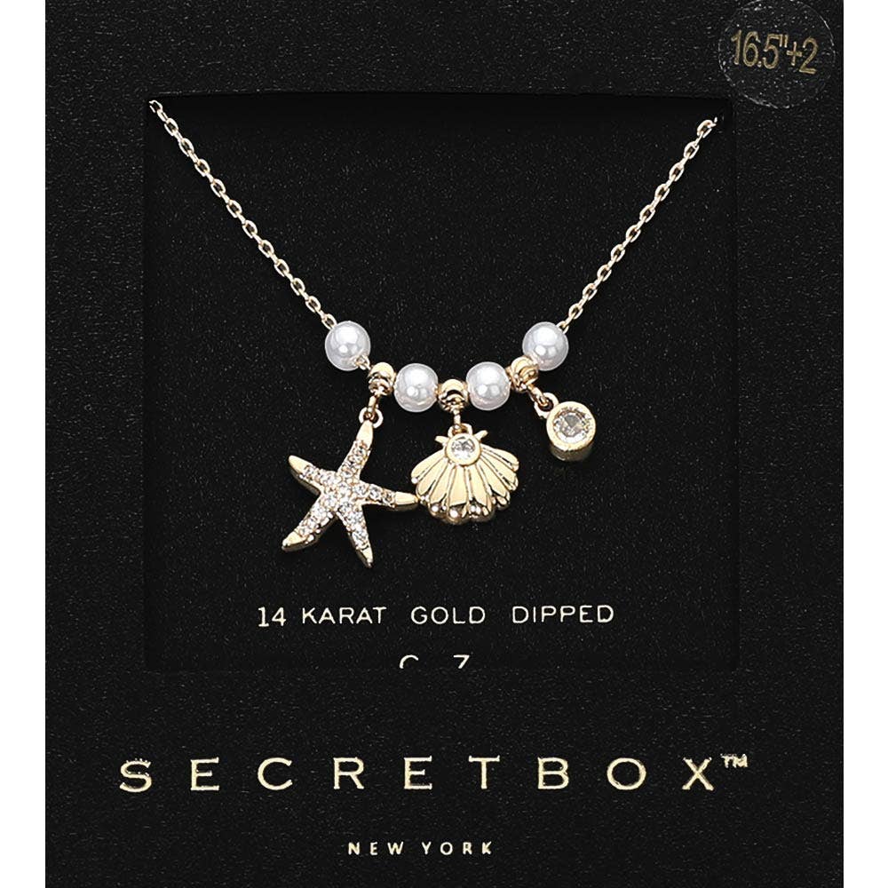 SECRET BOX_14K Gold Dipped CZ Pave Starfish Shell Bezel Charm Pearl Beaded Accent Necklace