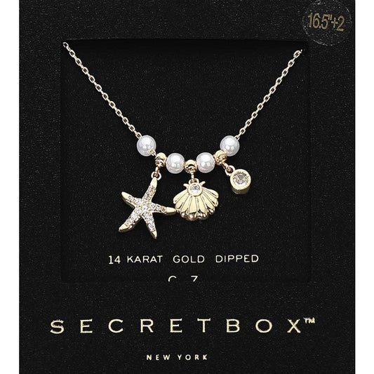SECRET BOX_14K Gold Dipped CZ Pave Starfish Shell Bezel Charm Pearl Beaded Accent Necklace