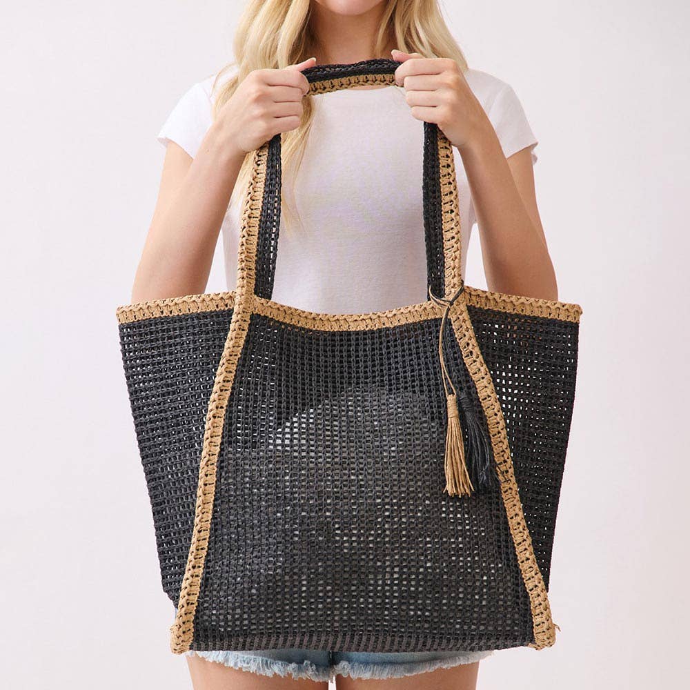 Tassel Accent Two Tone Woven Straw Tote Bag