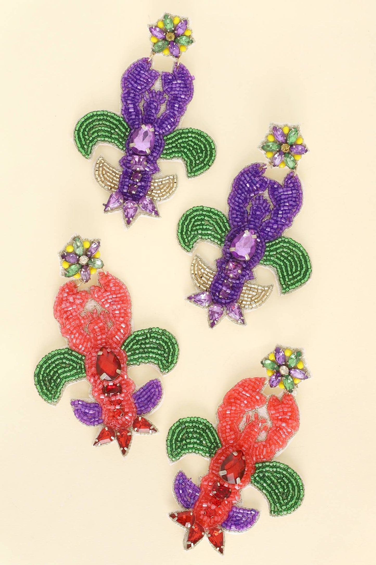 Mardi Gras Crawfish Gemstone Beaded Earrings