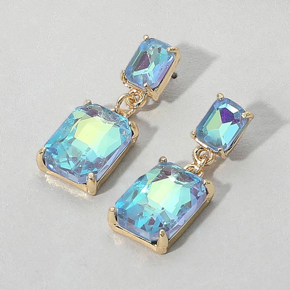 Rectangular Glass Stone Cluster Dangle Evening Earrings
