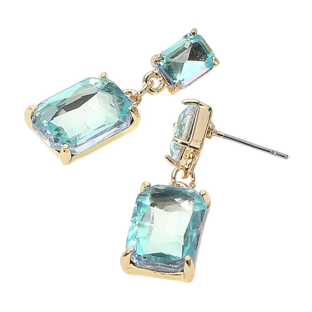 Rectangular Glass Stone Cluster Dangle Evening Earrings