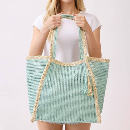 Tassel Accent Two Tone Woven Straw Tote Bag