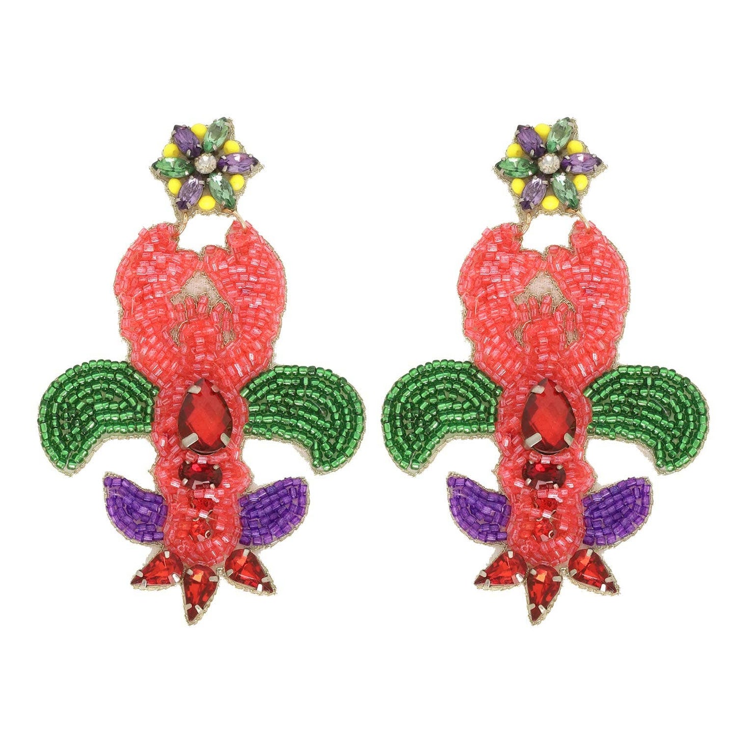 Mardi Gras Crawfish Gemstone Beaded Earrings