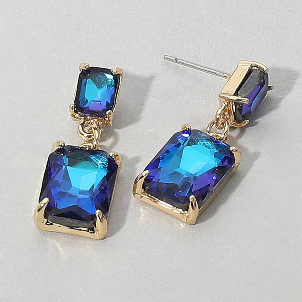 Rectangular Glass Stone Cluster Dangle Evening Earrings