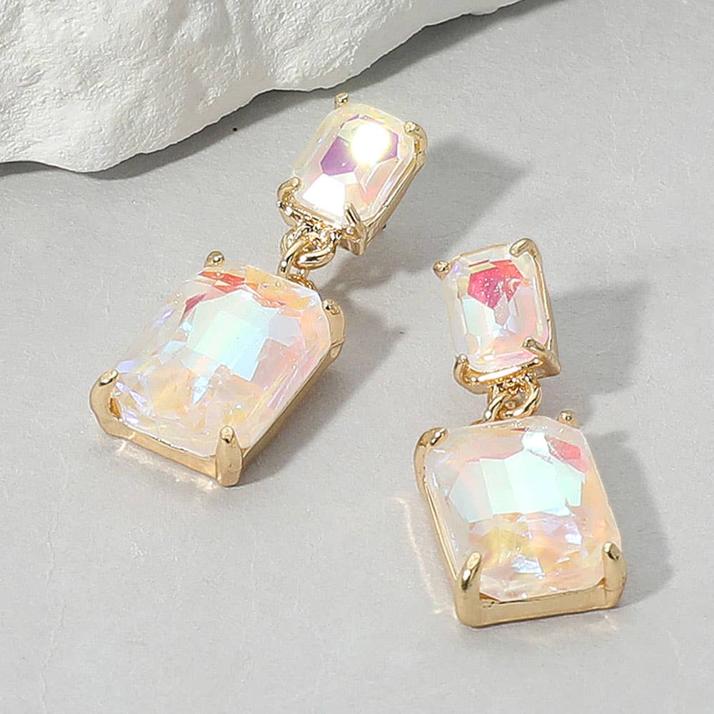 Rectangular Glass Stone Cluster Dangle Evening Earrings