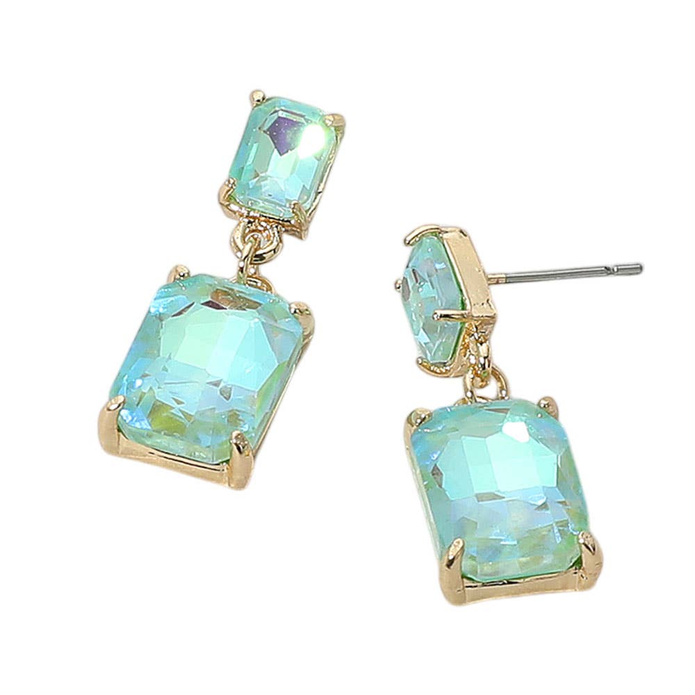 Rectangular Glass Stone Cluster Dangle Evening Earrings