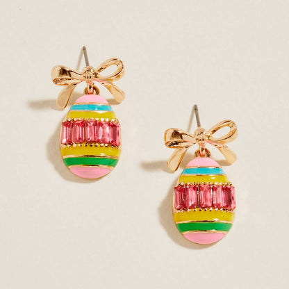 Bow Emerald Cut Stone Accent Easter Egg Dangle Earrings