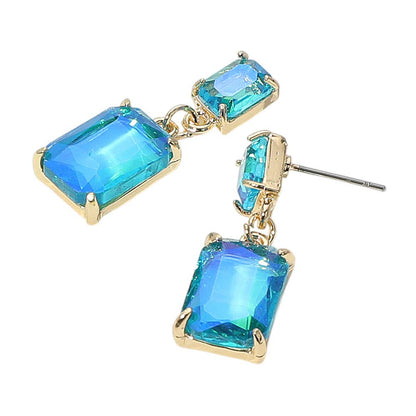 Rectangular Glass Stone Cluster Dangle Evening Earrings