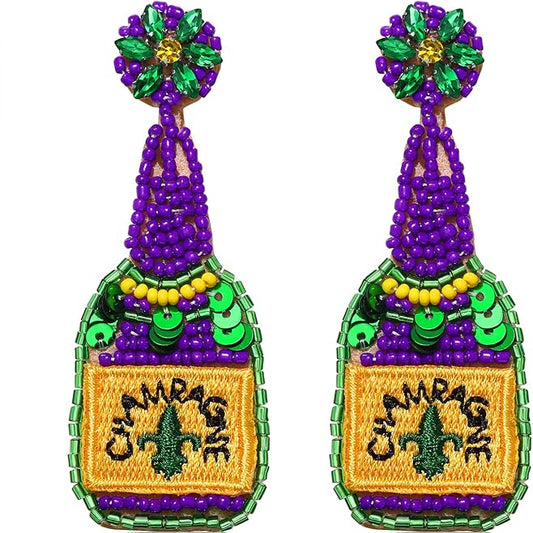 Mardi Gras Beaded Champagne Bottle Earrings w/ pearl accents