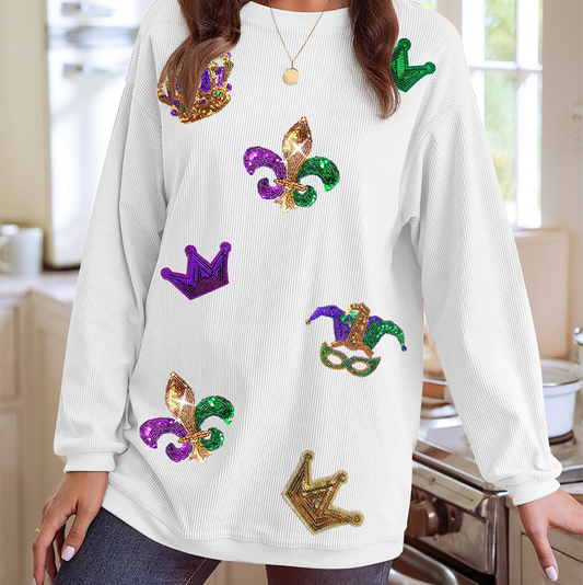Sequin Mardi Gras Symbol Crown Mask Patched Cord Sweatshirt