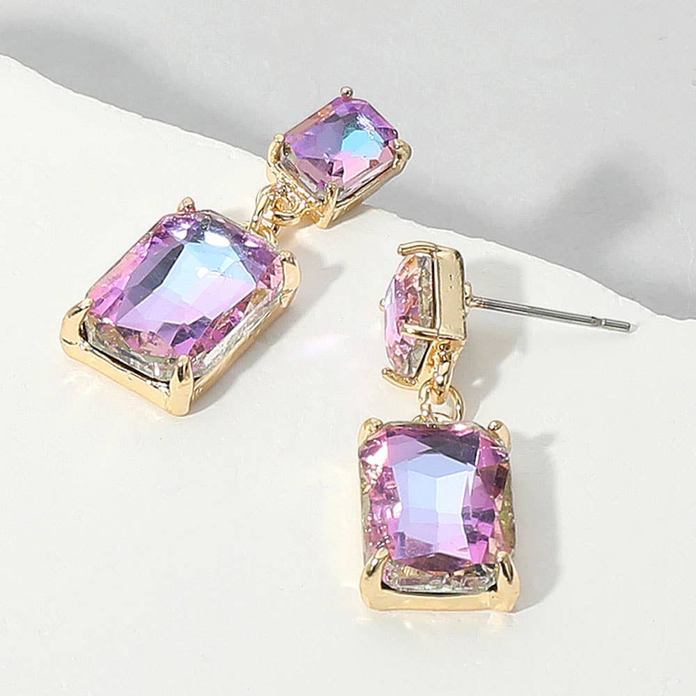 Rectangular Glass Stone Cluster Dangle Evening Earrings