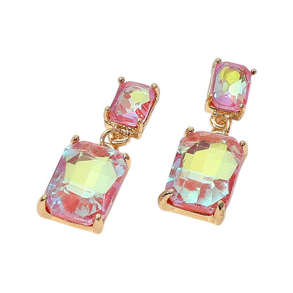 Rectangular Glass Stone Cluster Dangle Evening Earrings